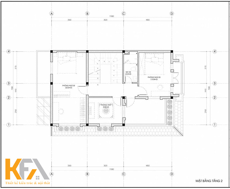 Bản vẽ mặt bằng nhà 2 tầng mái Nhật đẹp hiện đại (tầng 2)