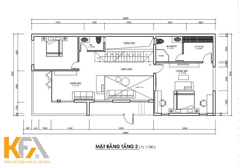 Bản vẽ thiết kế tầng 2 nhà phố 2 tầng mái Nhật 5x18m