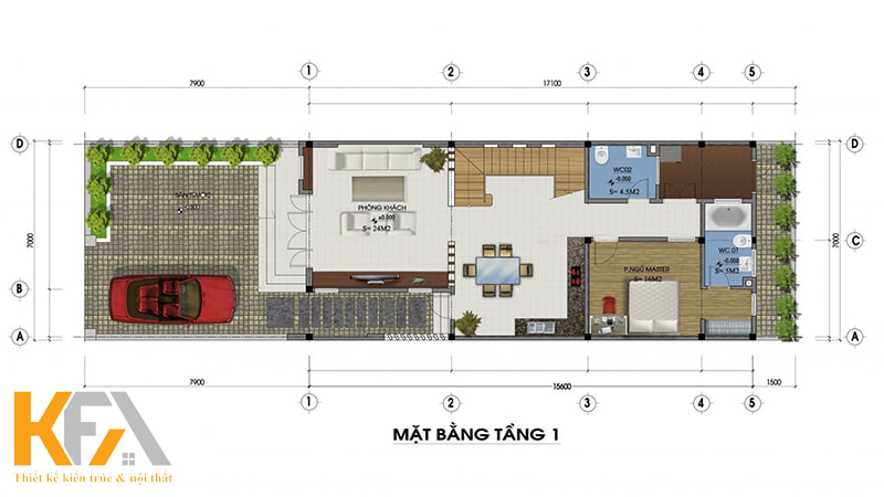 Bản vẽ thiết kế mặt bằng tầng 1 nhà 2 tầng mái Nhật ở Bắc Giang