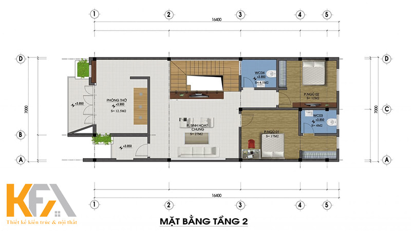 Bản vẽ thiết kế mặt bằng tầng 2 nhà 2 tầng mái Nhật ở Bắc Giang