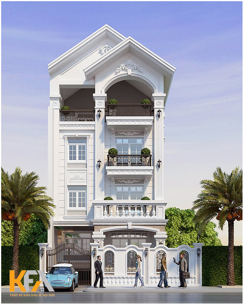 Mẫu thiết kế nhà 4 tầng 4 phòng ngủ 7x12m màu trắng sang trọng