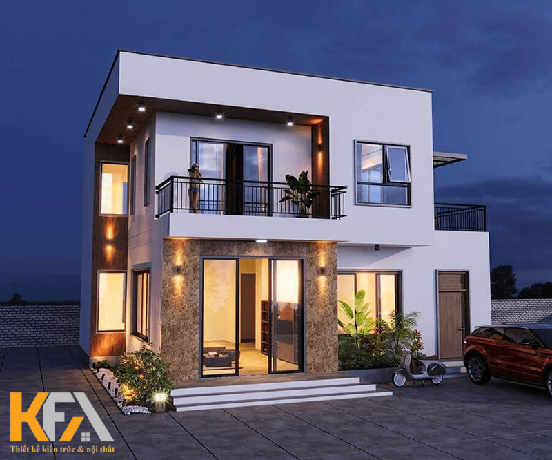 Mẫu nhà vuông mái bằng hiện đại 2 tầng có 4 phòng ngủ