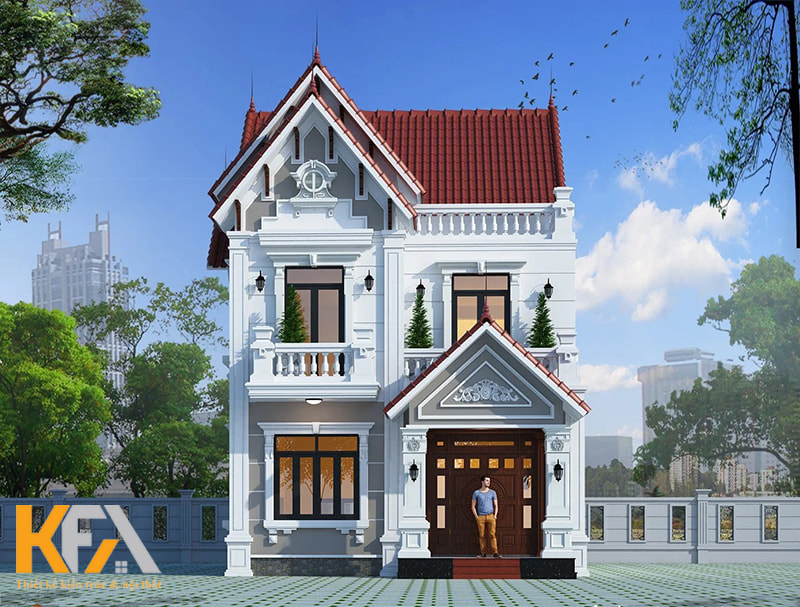 Mẫu thiết kế nhà vuông 2 tầng 8x9m phong cách tân cổ điển với mái ngói đỏ nổi bật