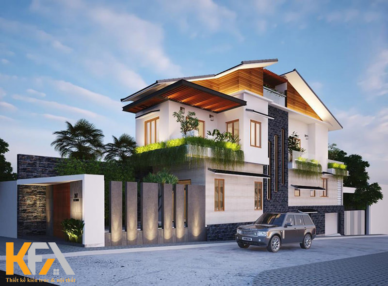 Căn nhà lô góc 2 tầng 1 tum mái vát đầy ấn tượng
