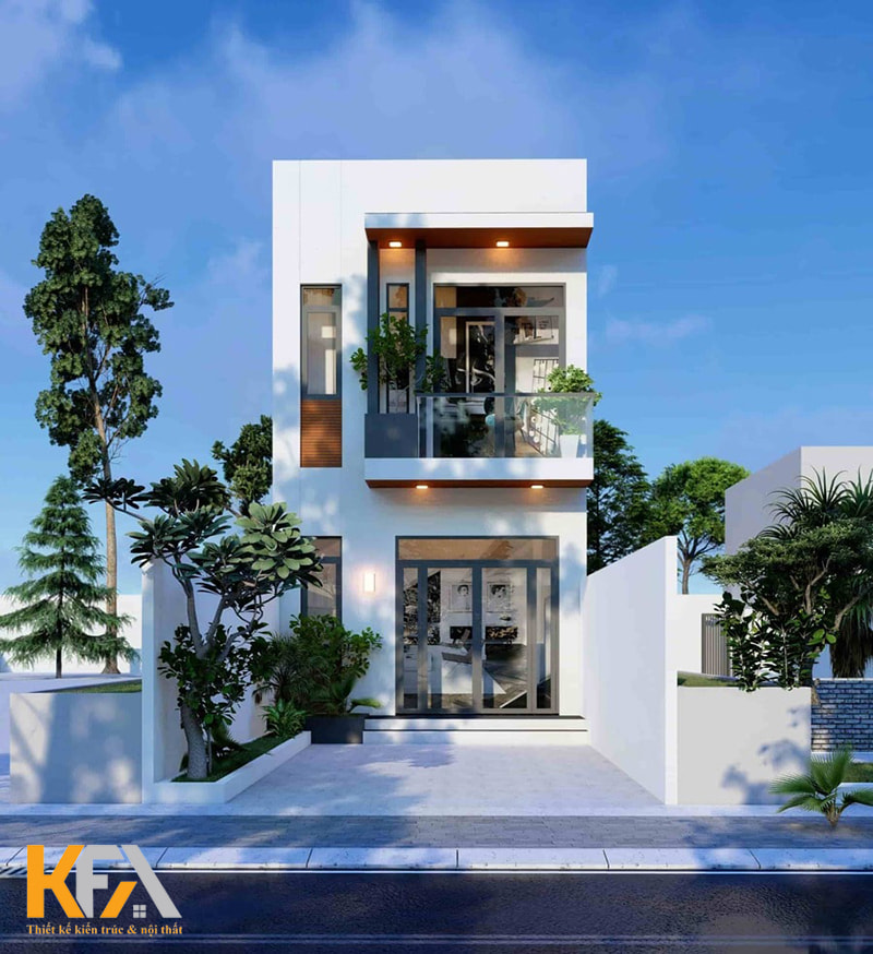 Mẫu nhà ống 2 tầng 7x11m có tường và cây xanh xung quanh