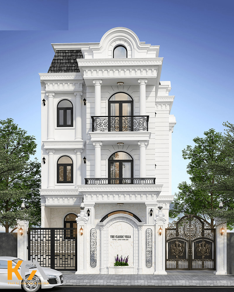 Mẫu biệt thự tầng 7x11m tân cổ điển màu trắng sang trọng, đẹp hút hồn