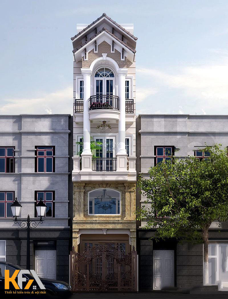 Mẫu thiết kế nhà 4 tầng phong cách tân cổ điển có chiều ngang 2m